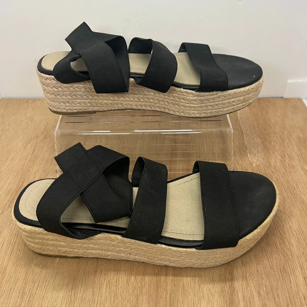 Womens Platform Espadrille Sandals 39 Black Good Elastic Strappy Wedge Unbranded